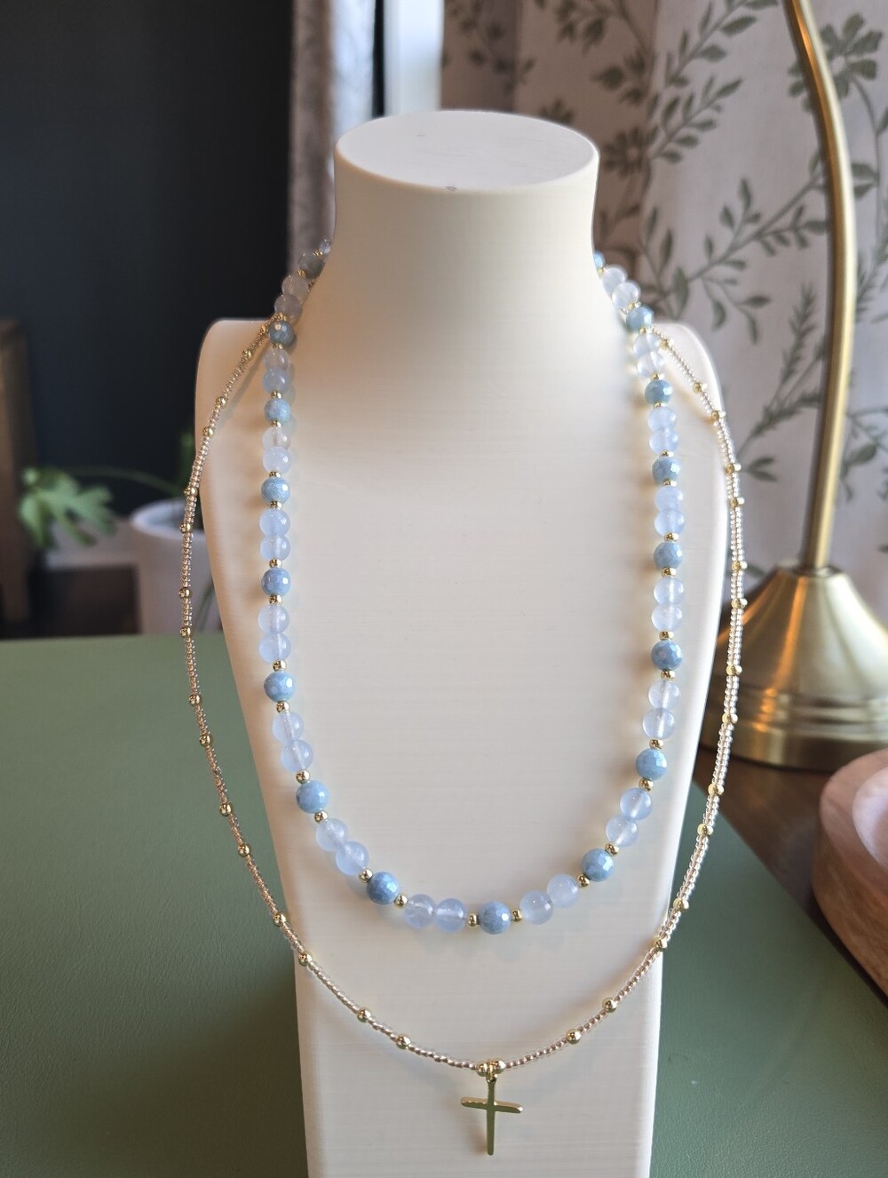 Layered Light Blue Beaded and Gold Cross Necklace Set